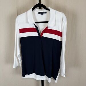 Tommy Hilfiger Women XXL Red, White And Blue  Cotton Knit 3/4 Sleeve Collar Top